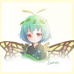 Rule 34 | 1girl, antennae, aqua hair, butterfly wings, closed mouth, dress, eternity larva, fairy, green dress, hair between eyes, highres, insect wings, lbcirno9, leaf, leaf on head, multicolored clothes, multicolored dress, orange eyes, short hair, short sleeves, solo, touhou, twitter username, upper body, wings