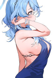 Rule 34 | 1girl, absurdres, ako (blue archive), ako (dress) (blue archive), black hairband, blue archive, blue dress, blue eyes, blue hair, blue halo, blush, breasts, closed mouth, dress, from side, hair between eyes, hairband, halo, haruyuki (gffewuoutgblubh), highres, large breasts, long hair, official alternate costume, profile, sideboob, simple background, sleeveless, sleeveless dress, solo, white background