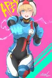 Rule 34 | 1girl, absurdres, animification, apex legends, armor, blue bodysuit, blue eyes, blue gloves, blush, bodysuit, breastplate, breasts, clenched hands, electricity, facial scar, gloves, goggles, goggles on headwear, helmet, highres, looking at viewer, looking to the side, medium breasts, metalfrog, official alternate costume, one eye closed, pink background, scar, scar on cheek, scar on face, signature, smile, solo, wattson (apex legends), white headwear, wired for speed wattson