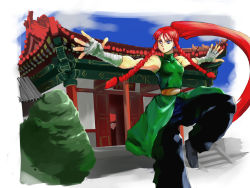 Rule 34 | 1girl, alternate breast size, alternate costume, alternate hairstyle, architecture, baggy pants, bandages, bare shoulders, belt, blue eyes, braid, breasts, chinese clothes, commentary request, dress, east asian architecture, fighting stance, flats, green dress, hand wraps, highres, hong meiling, kung fu, kuriyama5422, long hair, outstretched arms, pants, ponytail, red hair, side braid, side braids, sleeveless, small breasts, solo, spread arms, standing, standing on one leg, touhou, twin braids, very long hair