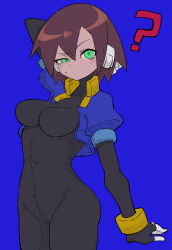 Rule 34 | 1girl, ?, absurdres, aile (mega man zx), blue background, bodysuit, breasts, brown hair, buzzlyears, green eyes, highres, looking at viewer, medium breasts, mega man zx, solo, tight clothes