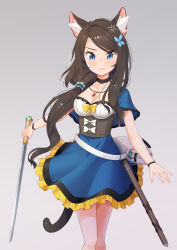 Rule 34 | 1girl, absurdres, aina (mao lian), animal ear fluff, animal ears, bag, blue eyes, breasts, brown hair, cat ears, cat tail, choker, cleavage cutout, closed mouth, clothing cutout, dress, female focus, gradient background, grey background, highres, holding, holding weapon, jewelry, long hair, looking at viewer, mao lian (nekokao), medium breasts, original, pendant, pink legwear, scabbard, sheath, short sword, solo, standing, swept bangs, sword, tail, weapon