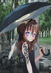 Rule 34 | 1girl, absurdres, angel (nadegata), angel wings, bad id, bad twitter id, bicycle, black dress, black umbrella, brown hair, detached wings, dress, feathered wings, fingernails, from side, gishiki (gshk), hair intakes, halo, highres, holding, holding umbrella, long hair, looking at viewer, looking to the side, nail polish, original, outdoors, parted lips, photo background, purple eyes, red nails, shoulder tattoo, sleeveless, sleeveless dress, solo, tattoo, umbrella, white wings, wings