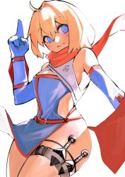 Rule 34 | &gt; &lt;, 1girl, alice margatroid, blonde hair, blue eyes, blue gloves, blush, breasts, closed mouth, commentary request, cookie (touhou), cowboy shot, elbow gloves, gloves, hair between eyes, highres, holster, inubashiri momiji, kuji-in, kunai, looking to the side, medium breasts, ninja, okasan01, red scarf, scarf, short hair, simple background, smile, solo, thigh holster, touhou, weapon, web (cookie), white background