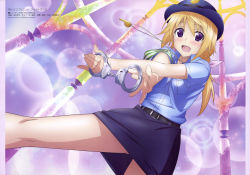 Rule 34 | 10s, 1girl, absurdres, belt, blonde hair, blue hat, blue shirt, blue skirt, charlotte dunois, copyright name, cuffs, dutch angle, eyebrows, from below, hair ribbon, handcuffs, hat, highres, holding, infinite stratos, long hair, looking at viewer, official art, open mouth, pink ribbon, police, police uniform, policewoman, ponytail, purple eyes, ribbon, scan, shirt, skirt, solo, uniform, yamamoto shuuhei