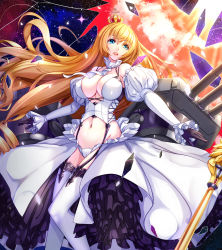 Rule 34 | 1girl, ascot, bare shoulders, black gloves, blonde hair, blue eyes, breaking, breasts, cameltoe, cannon, cleavage, cross-laced clothes, crown, detached collar, detached sleeves, dress, drill hair, frilled sleeves, frills, garter straps, gloves, highres, large breasts, light rays, lion (warship girls r), long hair, looking at viewer, midriff, mini crown, navel, night, night sky, open mouth, puffy sleeves, red sky, ryuuzouji usagi, scepter, shatter, showgirl skirt, sky, solo, star (symbol), stomach, thighhighs, turret, very long hair, warship girls r, white thighhighs