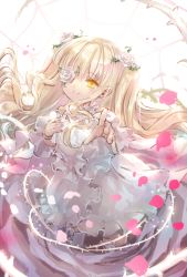 Rule 34 | 1girl, blonde hair, closed mouth, commentary request, dress, fingernails, flower, hair between eyes, hair flower, hair ornament, head tilt, highres, kirakishou, long hair, looking at viewer, outstretched arm, petals, rose, rozen maiden, sidelocks, smile, solo, thorns, very long hair, white dress, white flower, white rose, yellow eyes, yumeichigo alice