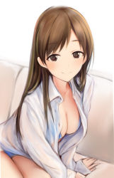 Rule 34 | 1girl, bare legs, blue bra, blue panties, blush, bra, breasts, brown eyes, brown hair, cleavage, collarbone, couch, dress shirt, hair over shoulder, idolmaster, idolmaster cinderella girls, long hair, long sleeves, looking at viewer, medium breasts, nannacy7, nitta minami, no pants, open clothes, open shirt, panties, parted bangs, see-through, shirt, simple background, smile, solo, underwear, white background, white shirt