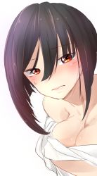 Rule 34 | 1girl, akanyanyanyan, black hair, blush, breasts, closed mouth, hair between eyes, highres, holding, looking at viewer, original, red eyes, shirt, solo, straight hair, transparent background, white background, white shirt