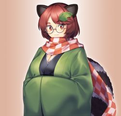 Rule 34 | 1girl, animal ears, breasts, bright pupils, brown eyes, brown hair, cleavage, closed mouth, futatsuiwa mamizou, glasses, highres, large breasts, leaf, leaf on head, long sleeves, looking at viewer, raccoon ears, raccoon girl, raccoon tail, round eyewear, short hair, smile, solo, tail, tarmo, touhou, white pupils
