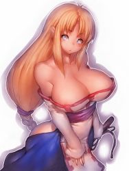 Rule 34 | 1girl, arc the lad, bare shoulders, blonde hair, blue eyes, braid, breasts, cleavage, fumio (rsqkr), huge breasts, lieza (arc the lad), long hair, looking at viewer, nipple slip, nipples, parted lips, solo