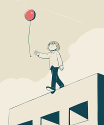 Rule 34 | 1boy, absurdres, arm up, avogado6, balloon, black footwear, black pants, building, buttons, closed mouth, cloud, collared shirt, grey hair, grey sky, hair between eyes, highres, long sleeves, looking up, male focus, original, outdoors, pants, shadow, shirt, shoes, short hair, sky, solo, walking, white shirt, window