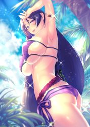 Rule 34 | 1girl, armlet, armpits, artist request, bad id, bad pixiv id, bikini, blush, breasts, cowboy shot, eyepatch bikini, fate/grand order, fate (series), from side, large breasts, long hair, looking at viewer, looking to the side, minamoto no raikou (fate), minamoto no raikou (swimsuit lancer) (fate), parted lips, purple bikini, purple eyes, purple hair, smile, solo, swimsuit, very long hair