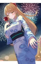 Rule 34 | 1girl, 1other, absurdres, alternate costume, apple, blonde hair, breasts, candy, candy apple, earrings, floral print, food, fruit, glowing, glowing earrings, half-closed eyes, highres, holding, holding food, japanese clothes, jewelry, kimono, large breasts, long hair, mythra (xenoblade), signature, single earring, solo focus, swept bangs, taro (peach taro51), tsundere, very long hair, xenoblade chronicles (series), xenoblade chronicles 2, yellow eyes