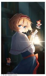 Rule 34 | 1girl, absurdres, alice margatroid, blonde hair, blue dress, blue eyes, blush, book, bookshelf, border, capelet, closed mouth, dress, hair between eyes, hairband, highres, holding, holding lantern, huangyou, lantern, lolita hairband, looking at viewer, looking back, red hairband, revision, shanghai doll, short hair, solo, touhou, white border, white capelet