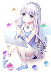 Rule 34 | 1girl, blue eyes, blue footwear, breasts, cleavage, hair ornament, long hair, looking at viewer, marble (toy), original, pixiv-tan, planet sugar, shoes, sitting, small breasts, smile, socks, solo, stylus, white hair, white socks, wristband