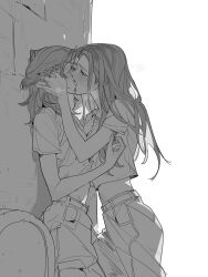 Rule 34 | 2girls, ahndory, blush, breath, commentary, english commentary, greyscale, hand on another&#039;s face, highres, kiss, long hair, monochrome, multiple girls, original, pants, shirt, short sleeves, t-shirt, yuri