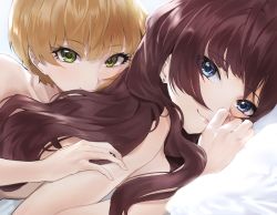 Rule 34 | 2girls, ;3, applepie (12711019), blonde hair, blue eyes, brown hair, collarbone, commentary request, earrings, from side, green eyes, hand on another&#039;s arm, highres, ichinose shiki, idolmaster, idolmaster cinderella girls, jewelry, long hair, looking at viewer, looking to the side, lying, miyamoto frederica, multiple girls, nude, on stomach, one eye closed, short hair, stud earrings, upper body