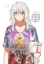 Rule 34 | 1girl, :3, absurdres, an-94 (girls&#039; frontline), blue eyes, cat, coffee mug, collarbone, cup, english text, eyebrows hidden by hair, firing, girls&#039; frontline, hair between eyes, highres, holding, holding cup, laser, laser, long hair, messy hair, mug, shirt, simple background, solo, t-shirt, thought bubble, ufo, white background, white hair, yuutama2804