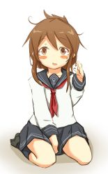 Rule 34 | 10s, 1girl, anchor symbol, bad id, bad pixiv id, blush stickers, brown eyes, brown hair, check commentary, commentary request, folded ponytail, hand in own hair, inazuma (kancolle), ito (itokayu), itokayu, kantai collection, looking at viewer, neckerchief, open mouth, school uniform, seiza, serafuku, sitting, skirt, solo, sweatdrop