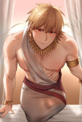 Rule 34 | 1boy, abs, arabian clothes, bara, bchlmnr, blonde hair, blush, closed mouth, earrings, fate/grand order, fate (series), gilgamesh (fate), jewelry, large pectorals, looking at viewer, male focus, muscular, muscular male, necklace, nipples, pectorals, red eyes, short hair, smile, solo, sweat