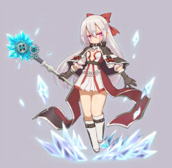 Rule 34 | 1girl, arch mage (ragnarok online), blush, boots, bow, breasts, brown capelet, capelet, closed mouth, commentary request, cross, dress, expressionless, full body, grey background, hair between eyes, hair bow, half updo, highres, holding, holding staff, ice, long hair, looking at viewer, open mouth, plunging neckline, rafoll, ragnarok online, red bow, red eyes, short dress, simple background, small breasts, solo, staff, white dress, white footwear, white hair