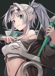 Rule 34 | 1girl, absurdres, black jacket, breasts, camisole, closed mouth, coeiroink, commentary request, croix-chan, crop top, cropped shirt, from side, green eyes, grey hair, hair intakes, hand on own chest, hands up, highleg, highleg panties, highres, holding, holding sword, holding weapon, jacket, light smile, long hair, long sleeves, looking at viewer, medium breasts, midriff, navel, off-shoulder shirt, off shoulder, open clothes, open jacket, panties, panty straps, ponytail, shirt, sidelocks, solo, stomach, sword, underwear, uo (uo3610 ), upper body, weapon