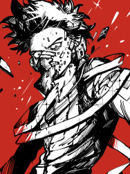 Rule 34 | 1boy, boku no hero academia, broken mask, clenched teeth, engawaji, looking at viewer, male focus, mask, monochrome, red background, scarf, shinsou hitoshi, solo, spiked hair, teeth