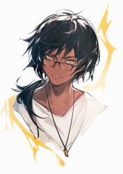 Rule 34 | 1boy, arknights, black hair, commentary, dark-skinned male, dark skin, fanshu, glasses, highres, jewelry, long hair, looking at viewer, looking over eyewear, male focus, necklace, official alternate costume, orange eyes, parted lips, ponytail, shirt, simple background, smile, solo, thorns (arknights), thorns (comodo) (arknights), upper body, white background, white shirt