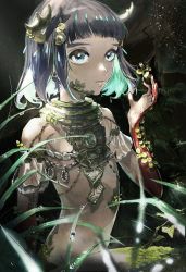 Rule 34 | 1girl, antlers, bayashiko, black hair, blue eyes, blunt bangs, blurry, blurry foreground, bob cut, closed mouth, commentary request, depth of field, dew drop, grass, hair ornament, hand up, highres, holding, horns, jewelry, looking at viewer, monster girl, moss, original, outdoors, plant girl, revealing clothes, short sleeves, sitting, solo, upper body, water drop