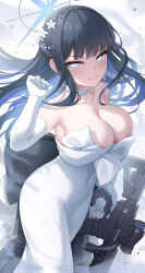 Rule 34 | 1girl, absurdres, blue archive, blue eyes, blue hair, breasts, cleavage, dress, highres, large breasts, looking at viewer, saori (blue archive), saori (dress) (blue archive), shiranui (nisioisin sinob), smile, solo, white dress