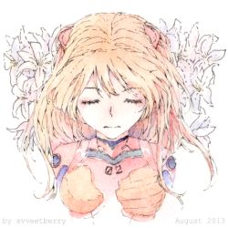 Rule 34 | 1girl, artist name, bodysuit, closed eyes, closed mouth, dated, facing viewer, flower, long hair, lowres, marker (medium), multicolored bodysuit, multicolored clothes, neon genesis evangelion, orange bodysuit, orange hair, painting (medium), plugsuit, portrait, red bodysuit, simple background, solo, souryuu asuka langley, svveetberry, traditional media, watercolor (medium), white background