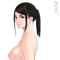 Rule 34 | 1girl, artist logo, black eyes, black hair, breasts, from side, large breasts, looking at viewer, looking to the side, nipples, nude, original, ponytail, shu-mai, simple background, solo, swept bangs, upper body, white background