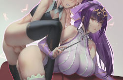 Rule 34 | 1boy, 1girl, anus, anus peek, ass, astolfo (fate), astolfo (saber) (fate), bare shoulders, black shirt, black thighhighs, blouse, blush, bow, bowtie, breasts, clenched teeth, clothed sex, crop top, detached sleeves, fate/grand order, fate (series), hair between eyes, hair ribbon, hetero, highleg, highleg leotard, jewelry, large breasts, leotard, long hair, looking at viewer, open mouth, pendant, penis, pink hair, ponytail, purple hair, purple leotard, purple ribbon, purple thighhighs, red eyes, ribbon, scathach (fate), scathach skadi (fate), sex, shirt, teeth, testicles, thighhighs, thighs, tiara, trap, trap on female, unfairr, vaginal, wand