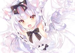 Rule 34 | 1girl, :3, :d, absurdres, animal ears, armpits, arms up, azur lane, black bow, black ribbon, blush, bow, breasts, brown eyes, cat ears, center frills, dress, fang, frilled dress, frilled sleeves, frills, from above, hair between eyes, hair bow, hair ribbon, highres, large breasts, long hair, long sleeves, looking at viewer, mayusaki yuu, off-shoulder dress, off shoulder, open mouth, outstretched arms, ribbon, ribbon-trimmed sleeves, ribbon trim, sideboob, sidelocks, silver hair, smile, solo, white background, white bow, white dress, white ribbon, yukikaze (azur lane), yukikaze (sovereign of the swing) (azur lane)