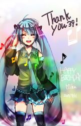 Rule 34 | 10s, 1girl, 39, 2013, :d, ^ ^, birthday, dated, detached sleeves, closed eyes, green hair, hand on own head, happy, happy birthday, hatsune miku, highres, kiiro (10281028), long hair, md5 mismatch, musical note, necktie, open mouth, pleated skirt, skirt, smile, solo, thank you, thighhighs, twintails, very long hair, vocaloid, zettai ryouiki