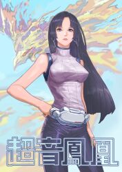 Rule 34 | 1girl, andy seto, black hair, breasts, chinese commentary, commentary, contrapposto, cyber phoenix, english commentary, expressionless, forehead, hand on own hip, highres, ling kai (cyber phoenix), long hair, medium breasts, mixed-language commentary, pants, pink lips, purple eyes, purple pants, sleeveless, sleeveless turtleneck, solo, turtleneck