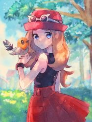 Rule 34 | 1girl, bare shoulders, blue eyes, blurry, blurry background, blush, bracelet, brown hair, cloud, commentary request, creatures (company), day, eyelashes, eyewear on headwear, fletchling, game freak, gen 6 pokemon, hand up, hanenbo, hat, highres, jewelry, long hair, looking back, nintendo, outdoors, parted lips, pleated skirt, pokemon, pokemon (creature), pokemon xy, red skirt, serena (pokemon), shirt, skirt, sky, sleeveless, sleeveless shirt, sunglasses, tree