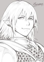 Rule 34 | 1boy, absurdres, armor, chainmail, character name, closed mouth, earrings, elezen, elf, final fantasy, final fantasy xiv, grey background, haurchefant greystone, highres, jewelry, lochris, looking at viewer, male focus, pointy ears, portrait, simple background, smile, solo