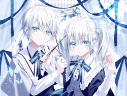 Rule 34 | 1boy, 1girl, aqua eyes, blue neckwear, capelet, closed mouth, collar, dress, earrings, holding hands, holding, holding wand, interlocked fingers, jewelry, kazunehaka, looking at viewer, matching outfits, multicolored hair, original, short hair, siblings, twins, twintails, two-tone hair, upper body, wand, white hair