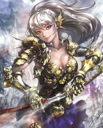 Rule 34 | 1girl, architecture, armor, armored boots, armored dress, blue eyes, boots, breasts, castle, cleavage, closed mouth, cloud, cloudy sky, collarbone, contrapposto, cowboy shot, gauntlets, grey hair, hair ornament, highres, holding, holding sword, holding weapon, jay b lee, katana, large breasts, lips, lipstick, long hair, looking at viewer, makeup, original, pauldrons, pelvic curtain, pink lips, pink lips, ponytail, scabbard, sheath, shoulder armor, sky, solo, standing, sword, thigh boots, thighhighs, unsheathing, weapon
