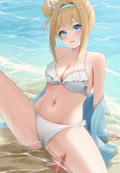 1girl absurdres arm_support bikini blonde_hair blue_eyes blue_hairband blue_jacket blush breasts cleavage codename696 commentary_request frilled_bikini frills girls&#039;_frontline girls&#039;_frontline_2:_exilium hair_between_eyes hair_bun hair_ornament hairband highres jacket looking_at_viewer navel off_shoulder official_alternate_costume open_clothes open_jacket open_mouth sand sidelocks single_hair_bun sitting snowflake_hair_ornament solo spread_legs starfish stomach suomi_(girls&#039;_frontline) suomi_(midsummer_pixie)_(girls&#039;_frontline) swimsuit water white_bikini