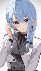Rule 34 | 1girl, blue eyes, blue hair, blush, braid, coat, commentary request, double-parted bangs, earrings, ecli xx, embarrassed, gradient background, grey background, hair ornament, hair over shoulder, hairclip, highres, hololive, hoshimachi suisei, hoshimachi suisei (maid), jewelry, long hair, looking at viewer, nervous smile, official alternate costume, official alternate hairstyle, side braid, single braid, smile, solo, star (symbol), star in eye, symbol in eye, trench coat, tucking hair, upper body, virtual youtuber, white coat
