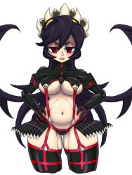 Rule 34 | 1girl, 4m4y0r1, absurdres, black hair, blush, breasts, cosplay, cowboy shot, cropped legs, filia (skullgirls), gloves, groin tendon, half-closed eyes, hands on own hips, highres, kill la kill, large breasts, long hair, matoi ryuuko, matoi ryuuko (cosplay), navel, plump, red eyes, revealing clothes, revision, senketsu, senketsu (cosplay), shrug (clothing), skullgirls, solo, thick thighs, thighs, underboob, white background