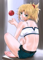 Rule 34 | 1girl, apple, bandeau, bare shoulders, barefoot, blonde hair, braid, breasts, camisole, commentary request, cutoffs, denim, denim shorts, fate/apocrypha, fate (series), food, french braid, from behind, fruit, green eyes, grin, hakase yurisuki, hand up, indian style, large breasts, looking at viewer, looking back, midriff, mordred (fate), mordred (fate/apocrypha), partial commentary, ponytail, short hair, short shorts, shorts, sitting, smile, solo, spaghetti strap, thighs