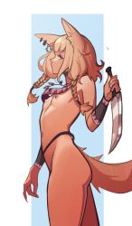 Rule 34 | 1girl, absurdres, animal ears, blonde hair, blue background, borrowed character, braid, closed mouth, dagger, distr, earrings, flat chest, from side, highres, holding, holding dagger, holding knife, holding weapon, jewelry, khiara (personal ami), knife, looking at viewer, looking back, nipples, nude, original, profile, reverse grip, sideways glance, solo, tail, weapon, yellow eyes