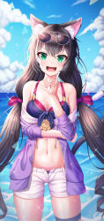 Rule 34 | 1girl, absurdres, animal ear fluff, animal ears, bikini, bikini under clothes, black hair, blue bikini, blue sky, blurry, blurry background, blush, bow, breasts, cat ears, cat girl, cat tail, cleavage, cloud, collarbone, commentary request, day, depth of field, drawstring, eyewear on head, fang, front-tie bikini top, front-tie top, green eyes, grey-framed eyewear, groin, hair between eyes, hair bow, hand up, highres, horizon, index finger raised, jacket, karyl (princess connect!), karyl (summer) (princess connect!), long hair, looking at viewer, low twintails, medium breasts, multicolored hair, navel, ocean, off shoulder, open clothes, open fly, open jacket, open mouth, open shorts, outdoors, princess connect!, purple jacket, red bow, ryon y0421, short shorts, shorts, sky, solo, sparkle, standing, streaked hair, sunglasses, swimsuit, tail, tail raised, thigh strap, twintails, very long hair, water, water drop, white hair, white shorts