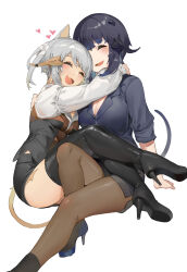 Rule 34 | 2girls, :d, akizone, au ra, warrior of light (ff14), black hair, black shirt, black skirt, black thighhighs, blush, boots, breasts, brown pantyhose, cheeze (akizone), cleavage, closed eyes, fang, final fantasy, final fantasy xiv, grey hair, heart, high heels, highres, horns, hug, knee up, large breasts, long sleeves, medium breasts, multiple girls, open mouth, pantyhose, renz (rirene rn), shirt, short hair, simple background, skirt, smile, thigh boots, thighhighs, white background