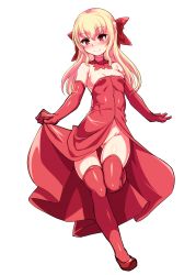 Rule 34 | 1girl, absurdres, blonde hair, blush, breasts, cleavage, detached collar, dress, elbow gloves, full body, gloves, harigane shinshi, highres, long hair, looking at viewer, no panties, original, partially visible vulva, red dress, red eyes, simple background, small breasts, solo, strapless, strapless dress, thighhighs