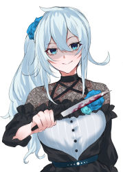 Rule 34 | 1girl, absurdres, black dress, blood, bloody knife, blue eyes, blue hair, blue scrunchie, closed mouth, dress, hair between eyes, hair ornament, hair scrunchie, highres, holding, holding knife, knife, long hair, long sleeves, nijisanji, puffy long sleeves, puffy sleeves, scrunchie, shaded face, shirt, side ponytail, simple background, smile, solo, upper body, very long hair, virtual youtuber, white background, white shirt, yuki maccha (yukimattya10), yukishiro mahiro